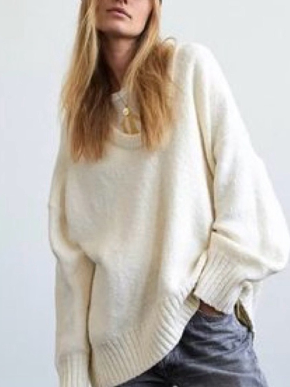 Free People Cream Scoop Neck Oversized Sweater